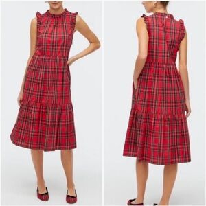 J. Crew Classic Red Tartain Plaid Tiered Ruffle Midi Dress, Size 6P, NWT